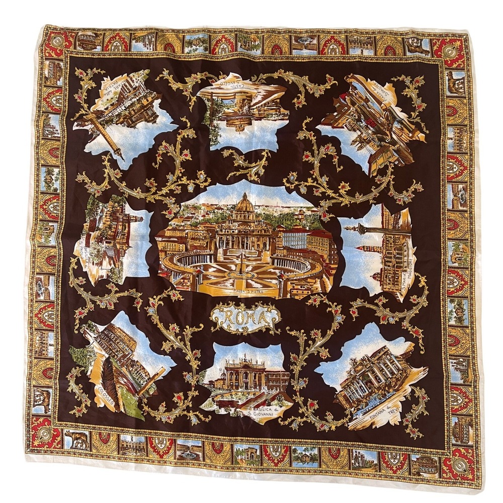 Vintage Roma Italy Souvenir Square Scarf Brown Gold Landmark Print Travel Gift
